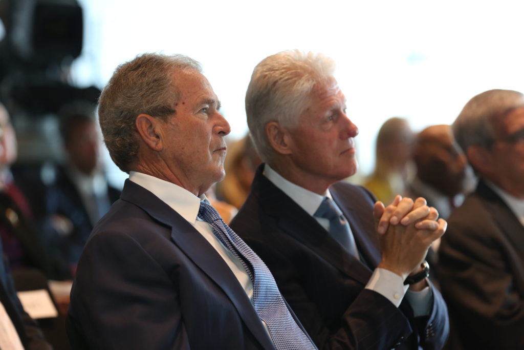 President George W. Bush and President Bill Clinton at the Presidential Leadership Scholars program launch in 2014.