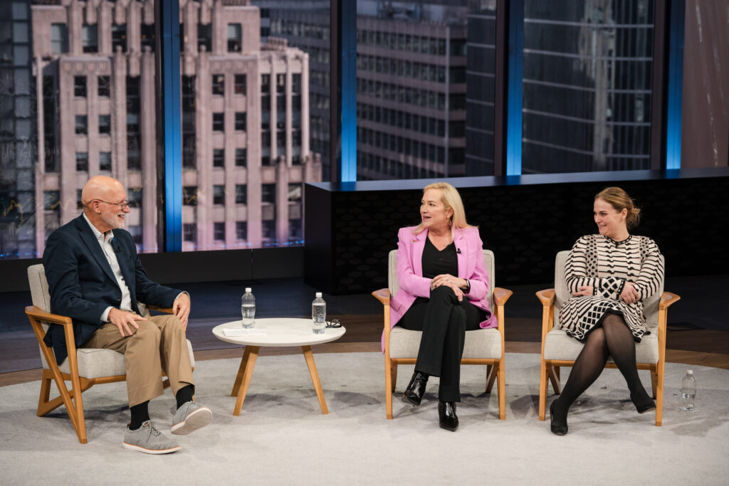 Kristin King (right) joins the Clinton Foundation’s Mike Hemphill and Stephanie Streett for a conversation with the PLS Class of 2025. (Photo by Cherie Cullen for Grant Miller Photography)